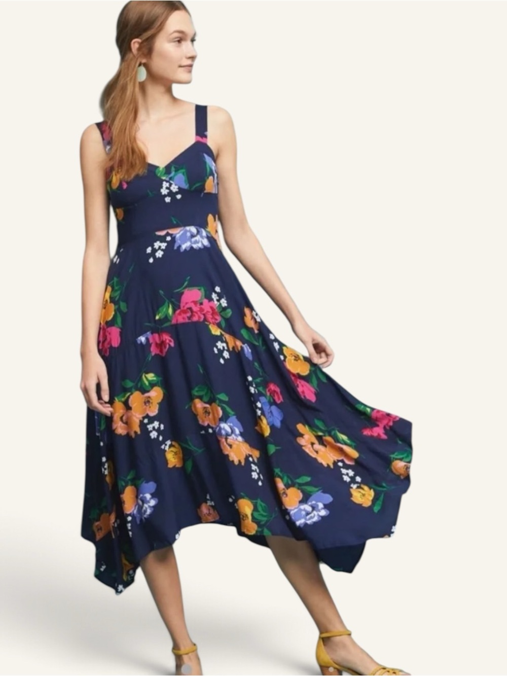 Maeve by Anthropologie Blue Multi Floral Vivienne Sweetheart Midi Dress Size 6
